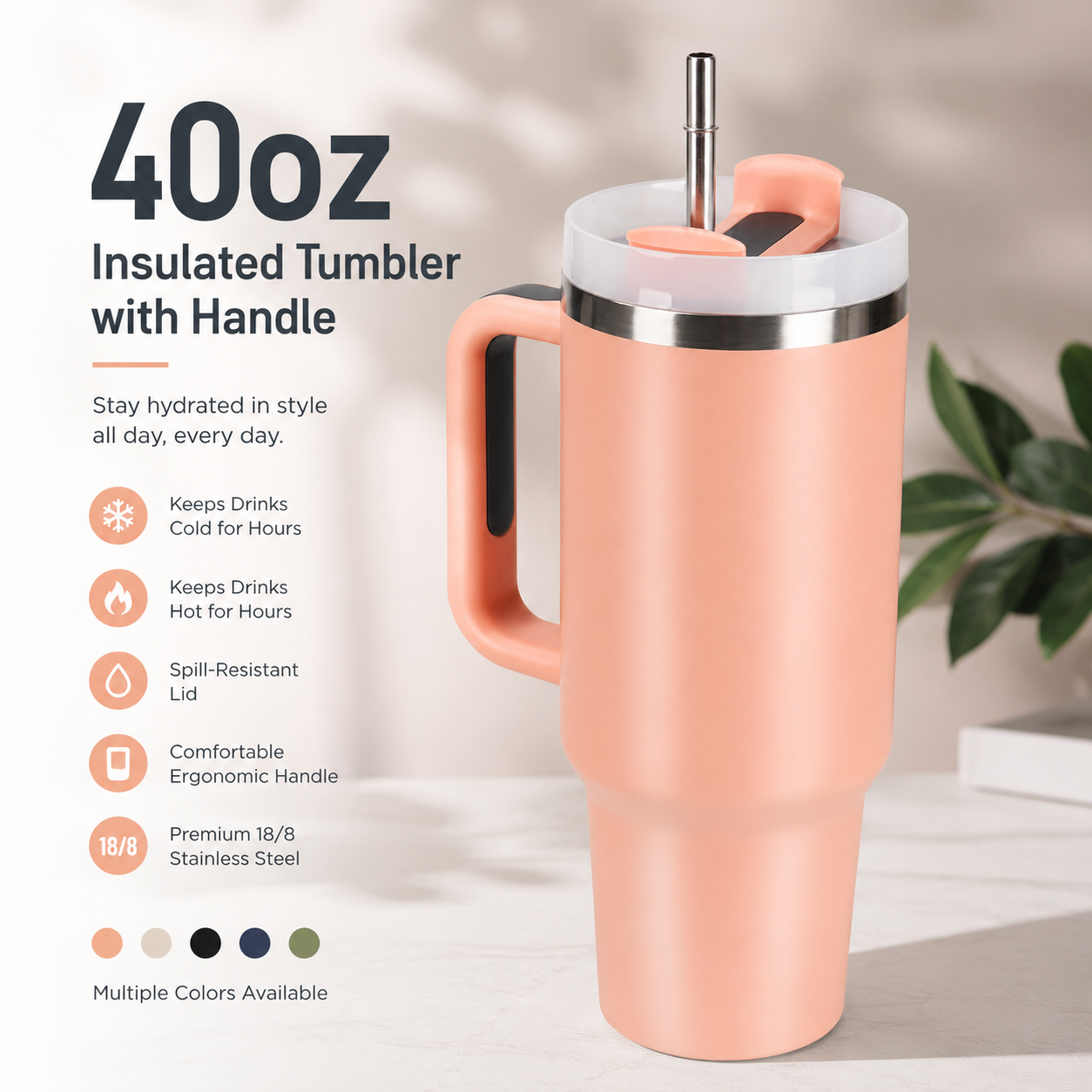40oz Insulated Tumbler with Handle | Stainless Steel